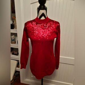 Nina Leonard Red Sequin Crewneck Shirt